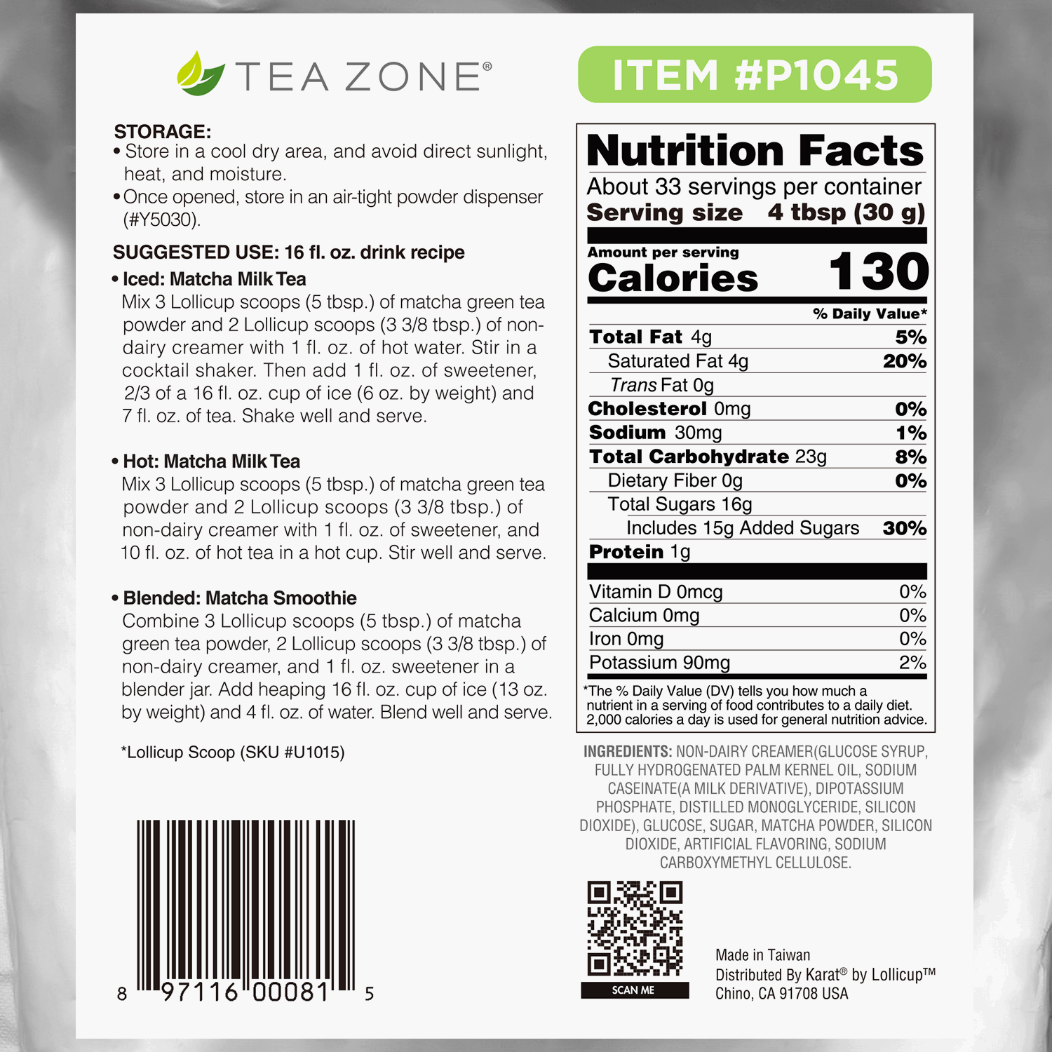 Tea Zone Matcha Green Tea Powder - Bag (2.2 lbs)