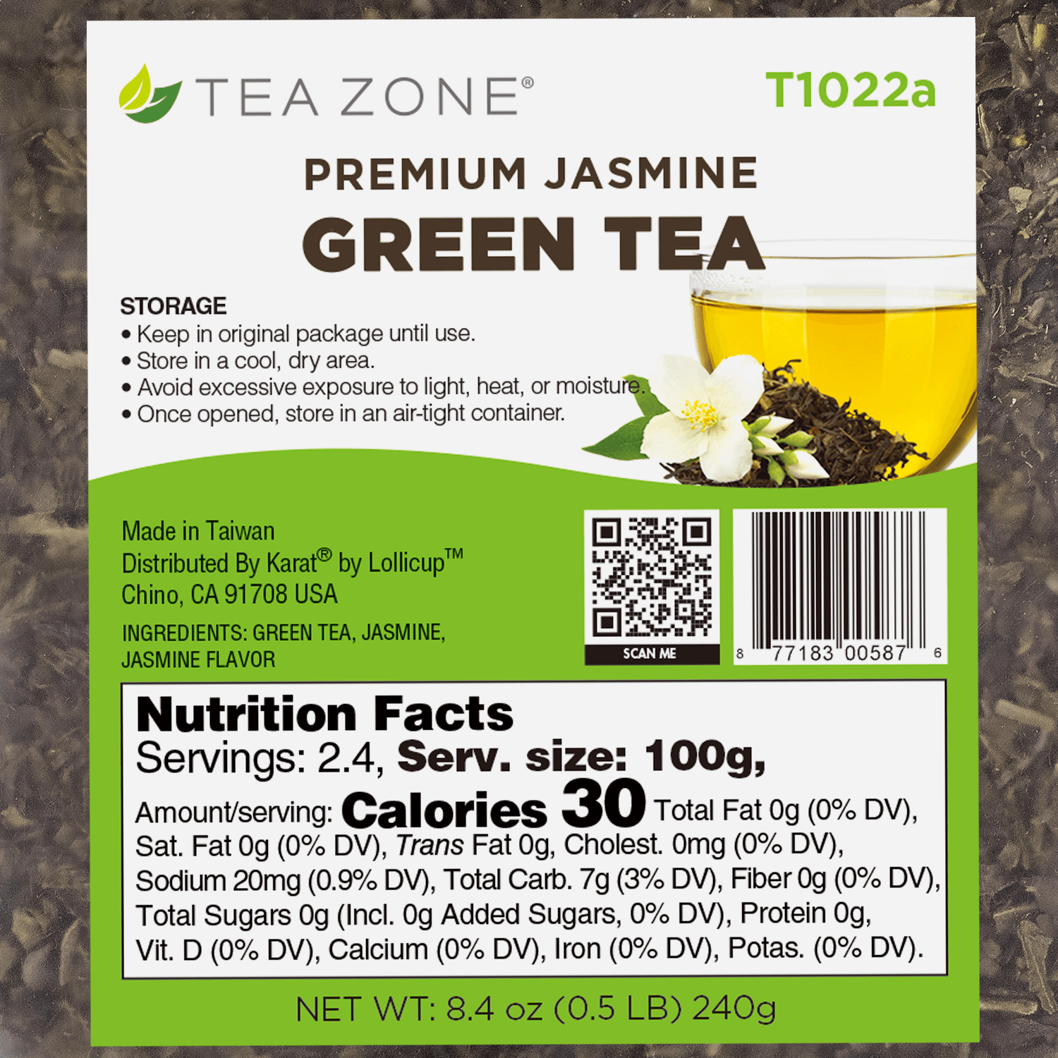 Tea Zone Premium Jasmine Green Tea Leaves - Case of 25 bags