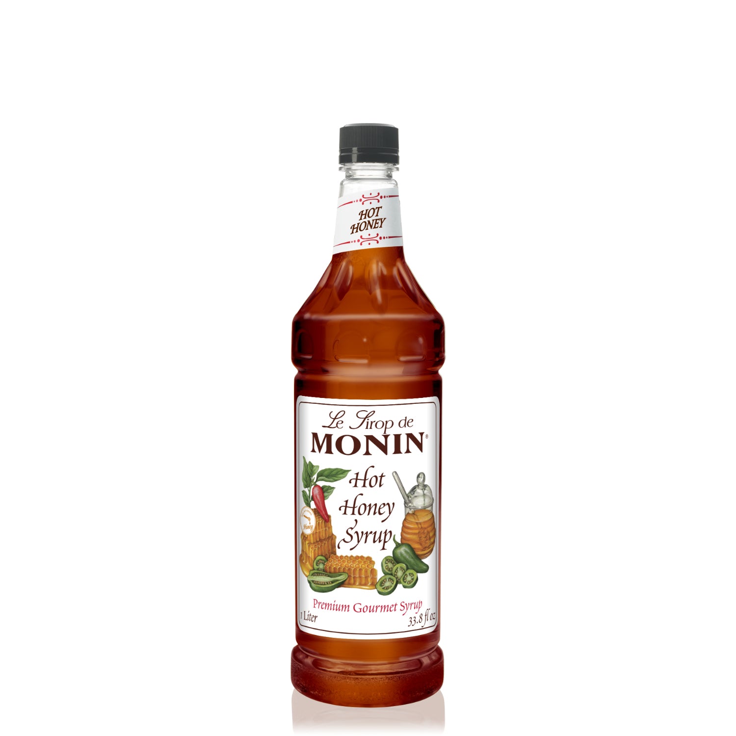Monin Hot Honey Syrup in clear 1 L bottle