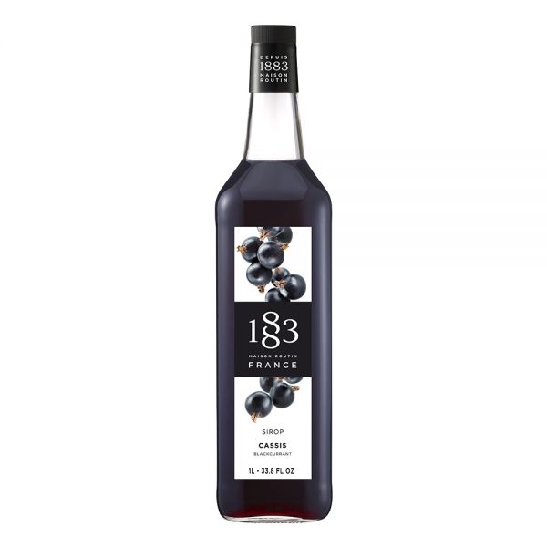 1883 Maison Routin Blackcurrant syrup in a clear 1 Liter bottle.