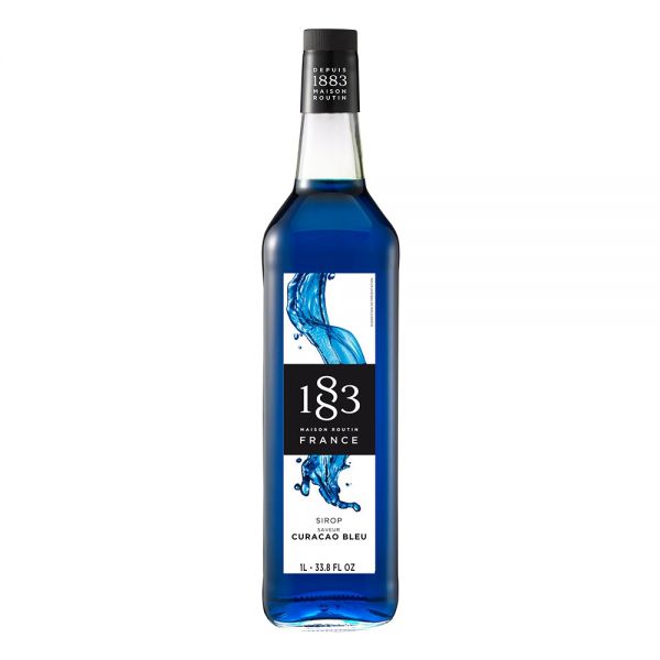 1883 Maison Routin Curacao Bleu syrup in a clear 1 Liter bottle.