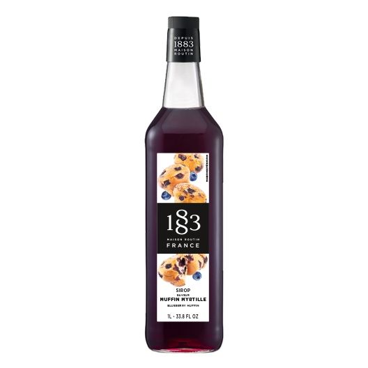 1883 Maison Routin Blueberry Muffin syrup in a clear 1 Liter bottle.