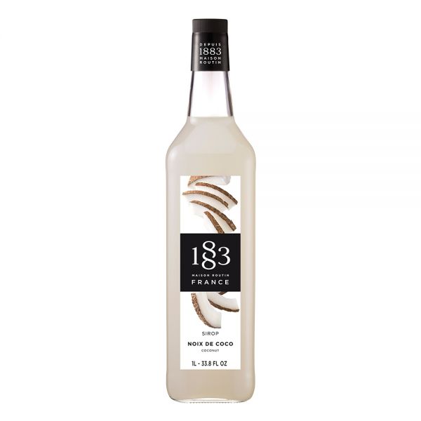 1883 Maison Routin Coconut syrup in a clear 1 Liter bottle.