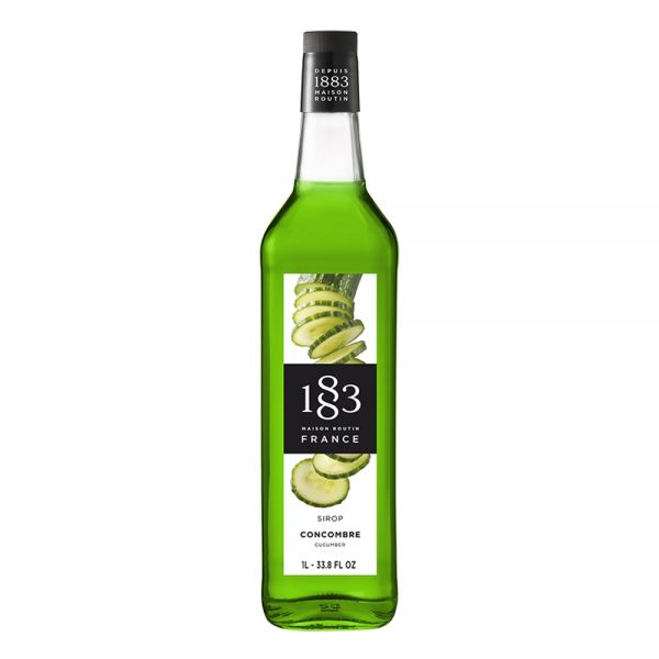 1883 Maison Routin Cucumber syrup in a clear 1 Liter bottle.
