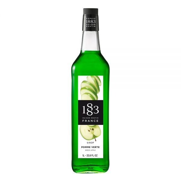 1883 Maison Routin Green Apple syrup in a clear 1 Liter bottle.