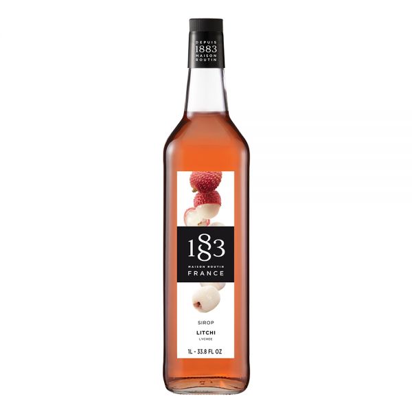 1883 Maison Routin Lychee syrup in a clear 1 Liter bottle.