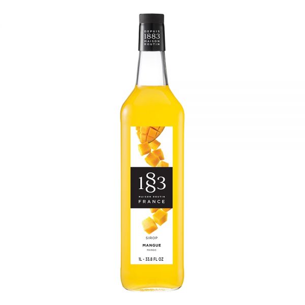 1883 Maison Routin Mango syrup in a clear 1 Liter bottle.