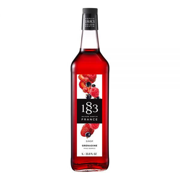 1883 Maison Routin Mixed Berries syrup in a clear 1 Liter bottle.