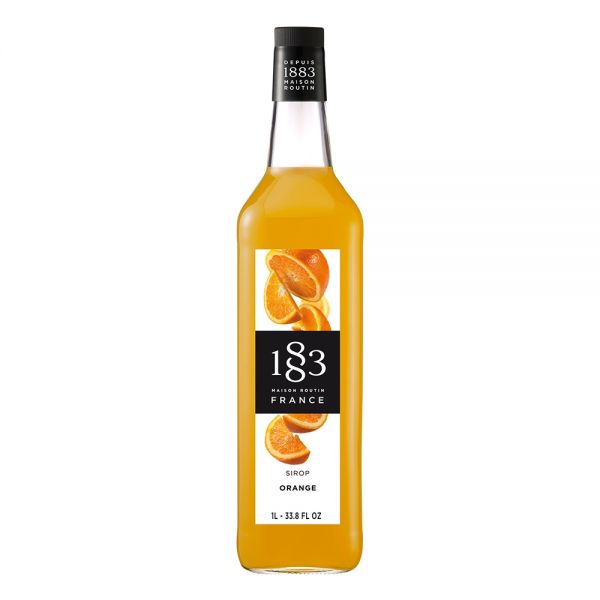 1883 Maison Routin Orange syrup in a clear 1 Liter bottle.