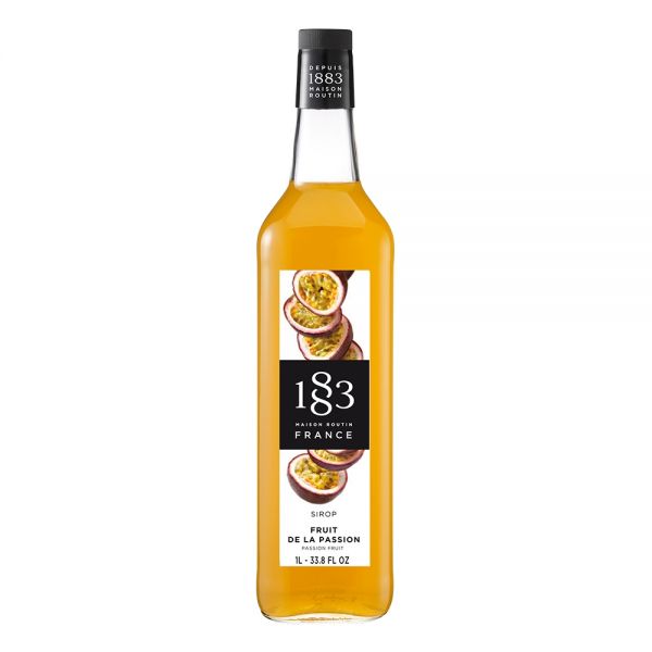 1883 Maison Routin Passion Fruit syrup in a clear 1 Liter bottle.