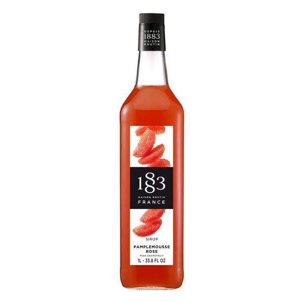 1883 Maison Routin Pink Grapefruit syrup in a clear 1 Liter bottle.