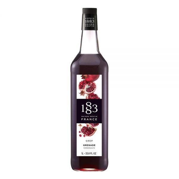 1883 Maison Routin Pomegranate syrup in a clear 1 Liter bottle.