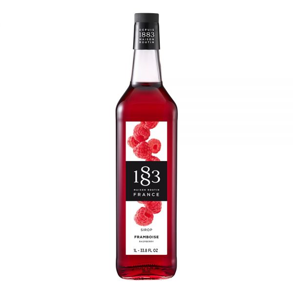 1883 Maison Routin Raspberry syrup in a clear 1 Liter bottle.