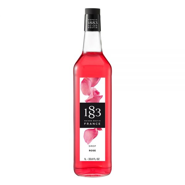 1883 Maison Routin Rose syrup in a clear 1 Liter bottle.