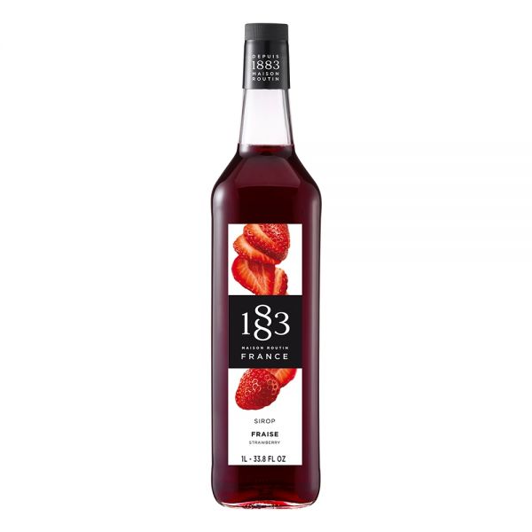 1883 Maison Routin Strawberry syrup in a clear 1 Liter bottle.
