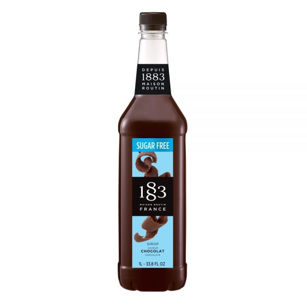 1883 Maison Routin Chocolate syrup in a clear 1 Liter bottle.