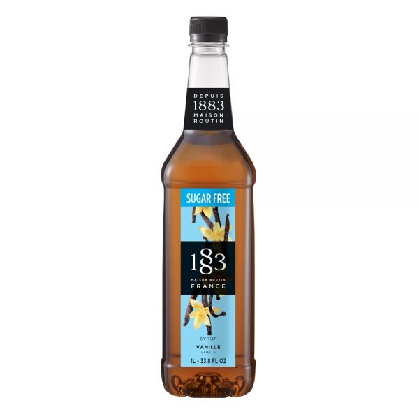 1883 Maison Routin Sugar Free Vanilla syrup in a clear 1 Liter bottle.