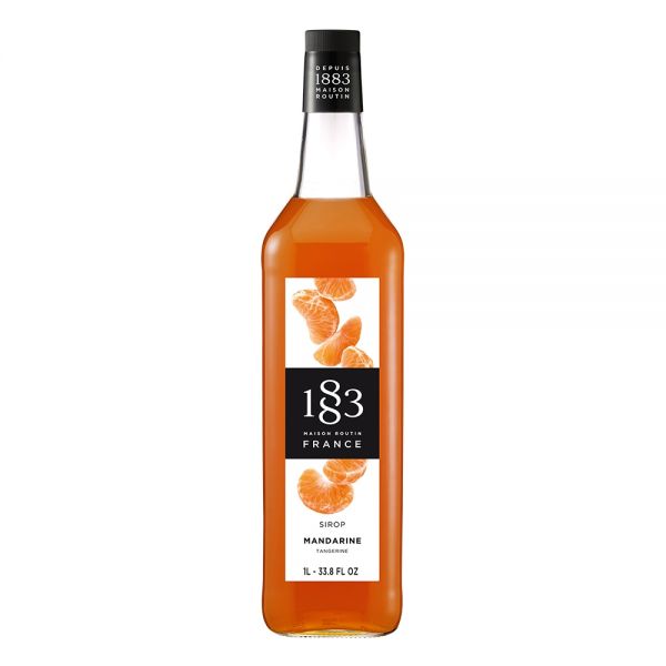 1883 Maison Routin Tangerine syrup in a clear 1 Liter bottle.