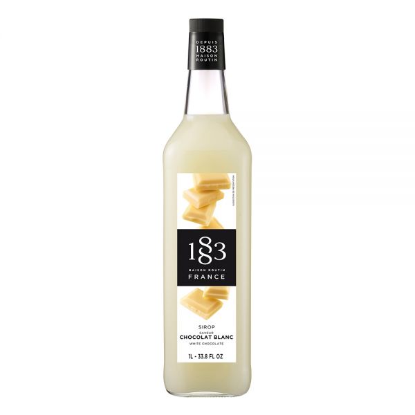 1883 Maison Routin White Chocolate syrup in a clear 1 Liter bottle.
