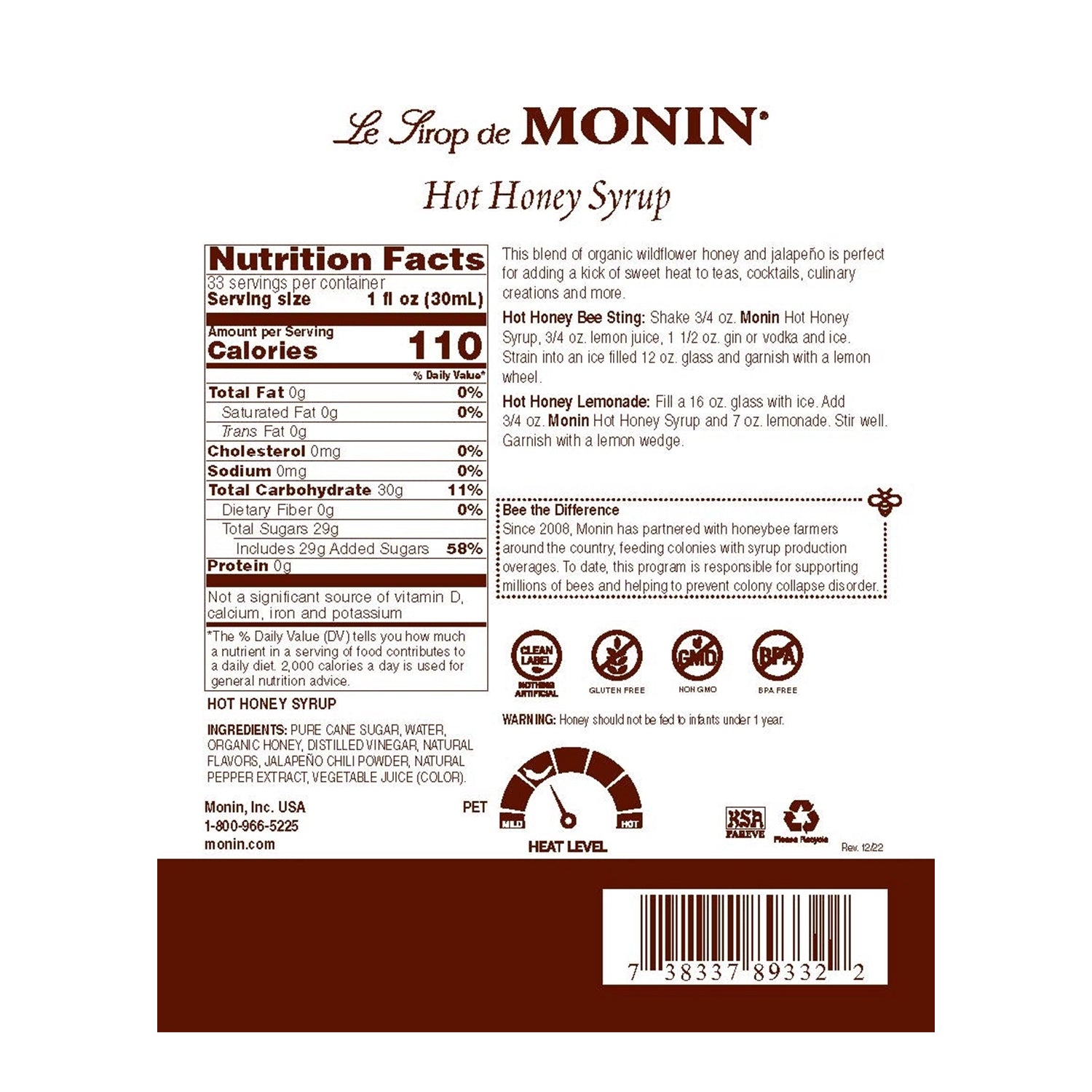 Monin Hot Honey Syrup nutrition facts label