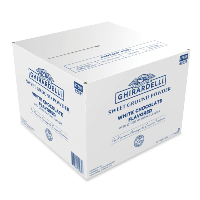 White box of Ghirardelli Sweet Ground White Chocolate Flavored Powder