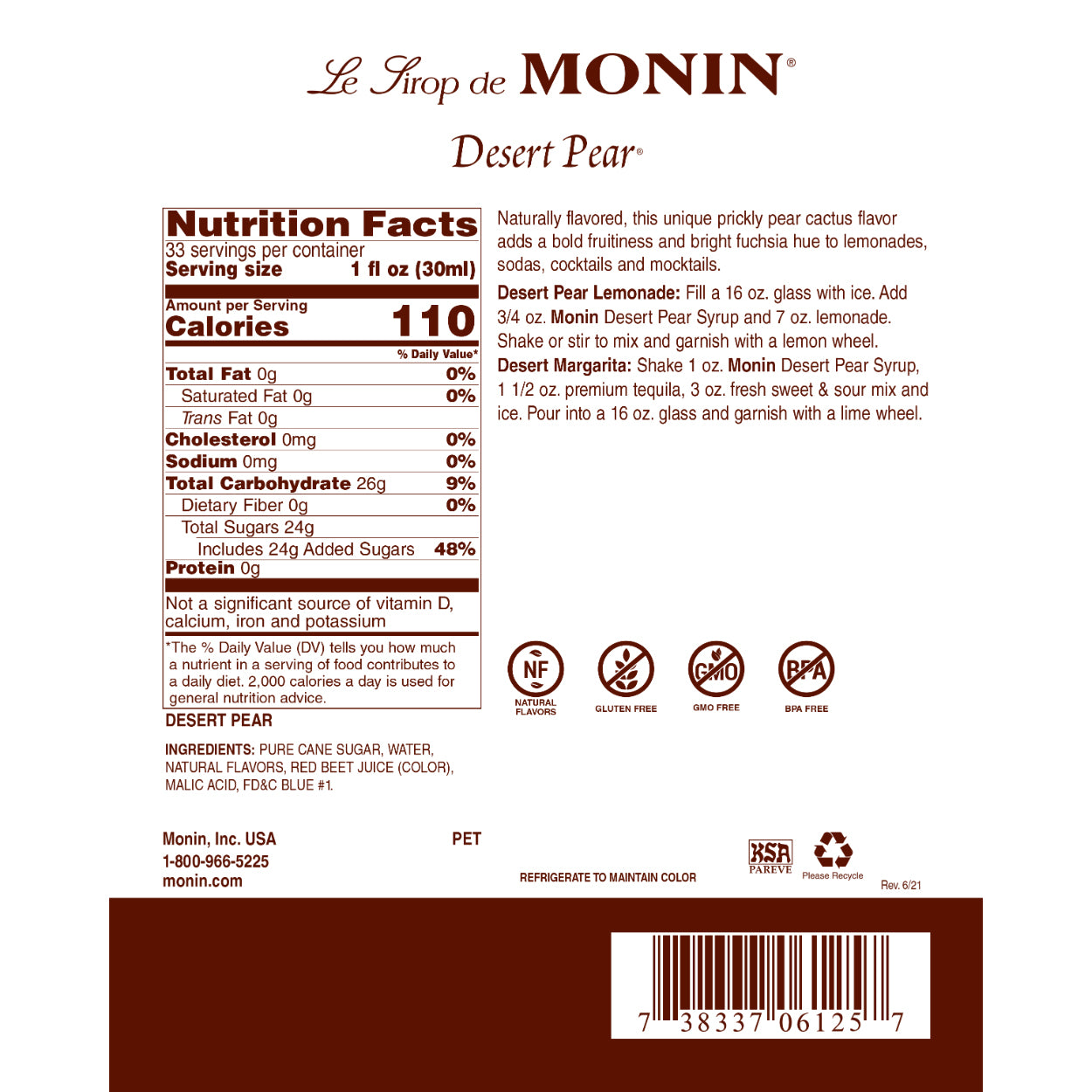 Monin Desert Pear Syrup nutrition facts and recipes label