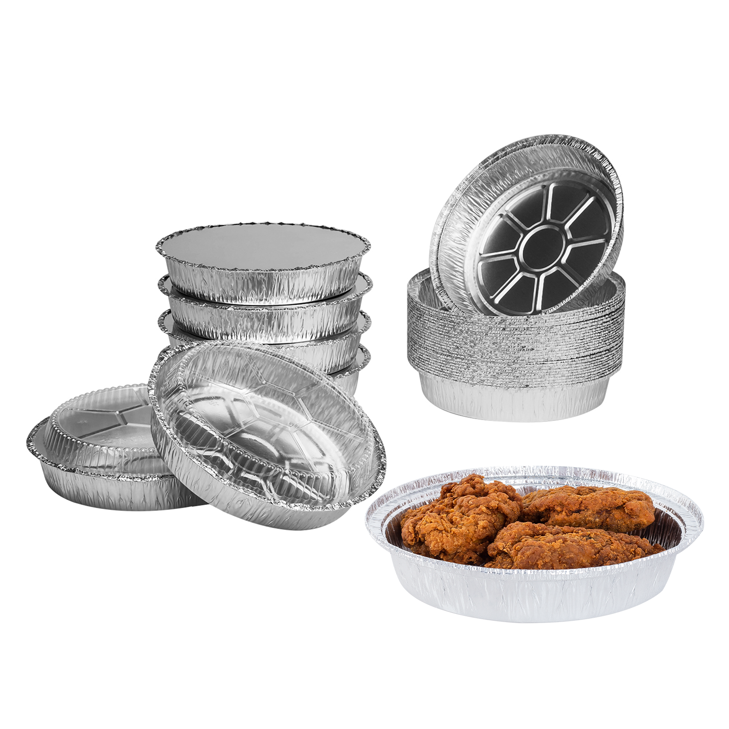 Karat 9" Round Aluminum Foil Containers stacked and filled with chicken
