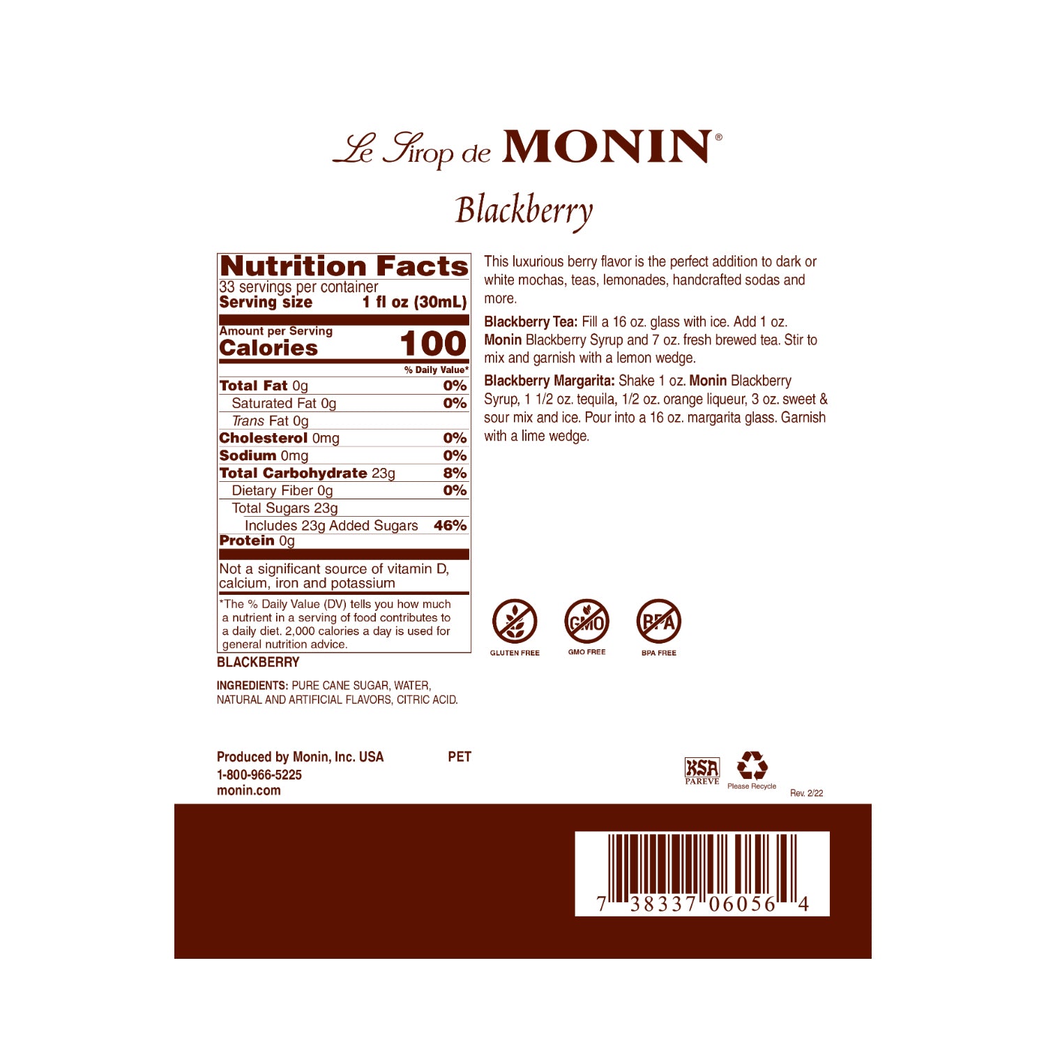 Monin Blackberry Syrup nutrition facts and directions label