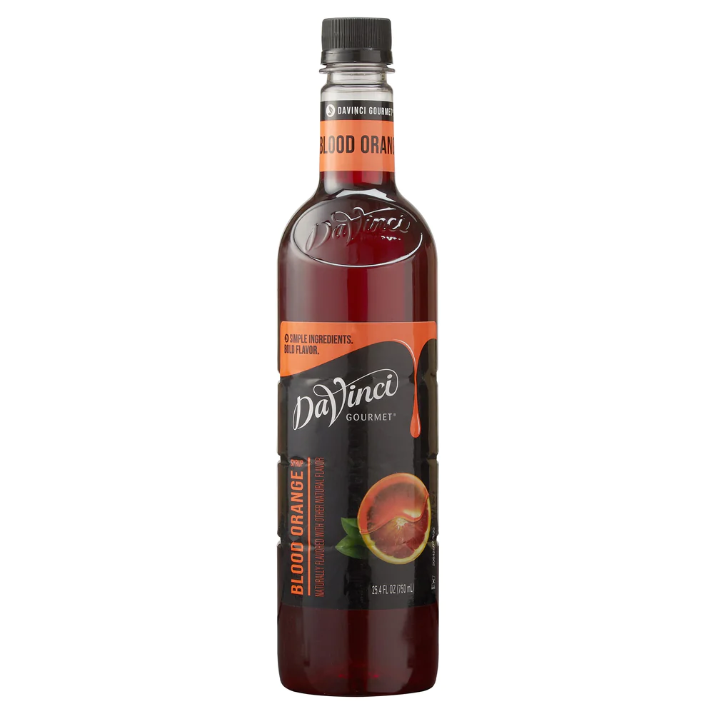 Blood Orange syrup in clear 750mL plastic bottle with labels and twist off reusable lid