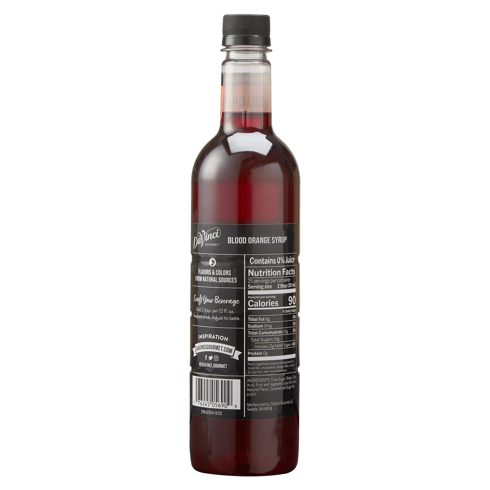 Blood Orange syrup in clear 750mL plastic bottle with nutrition labels and twist off reusable lid
