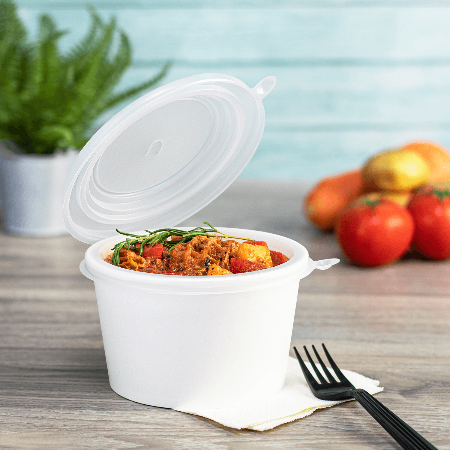 Clear Karat 16 oz PP Hinged Insert for 24-32 oz Paper Food Container with food