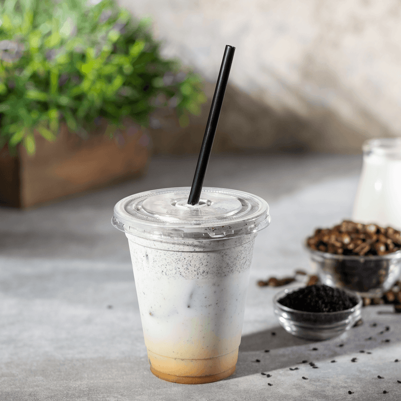 Clear Glass Takeout Cup With Lid and Straw, Ribbed Ice Coffee