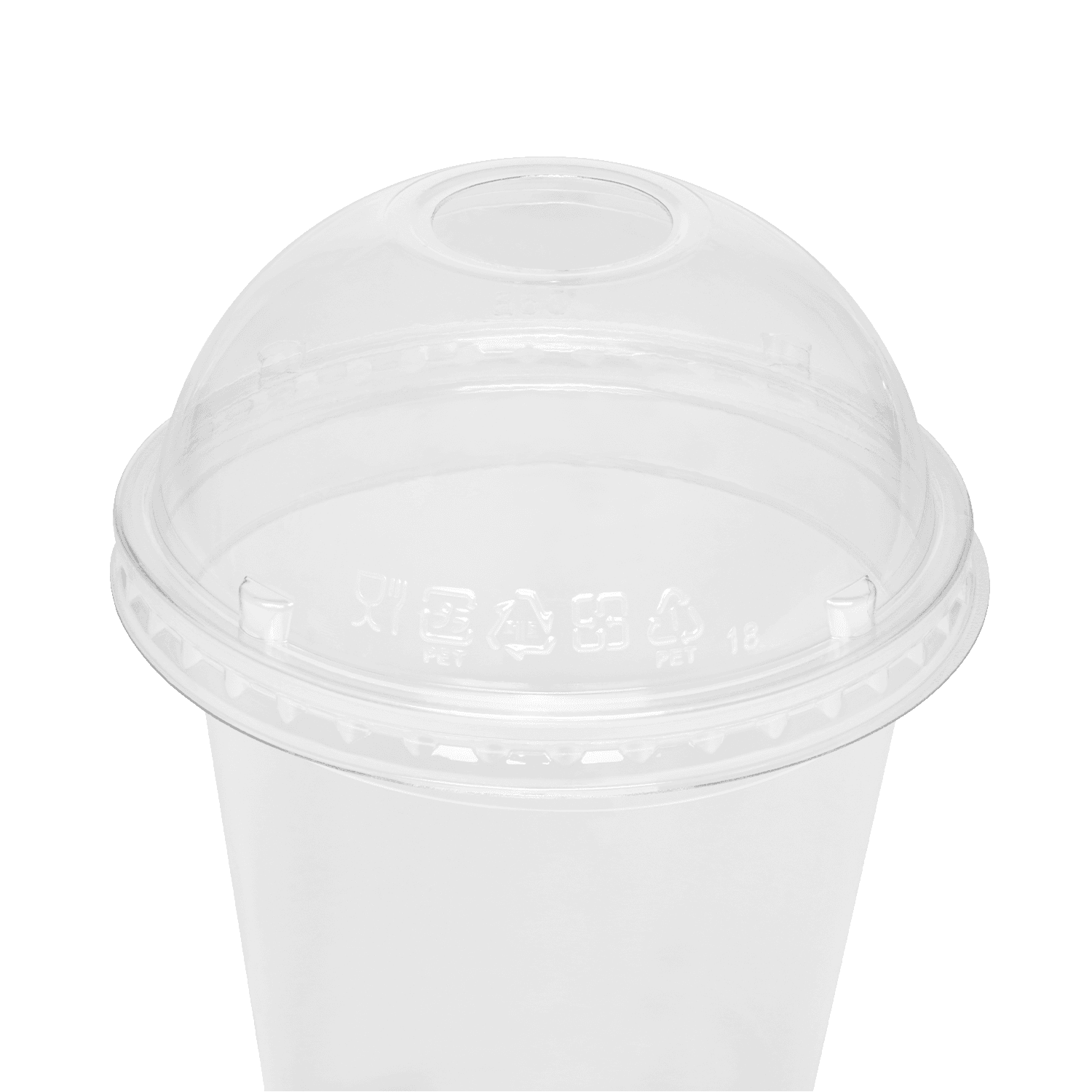Clear Karat 95mm PP Plastic Dome Lids on matching clear cup