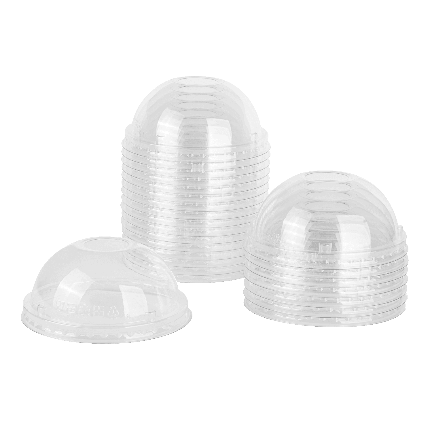 Clear Karat 95mm PP Plastic Dome Lids stacked