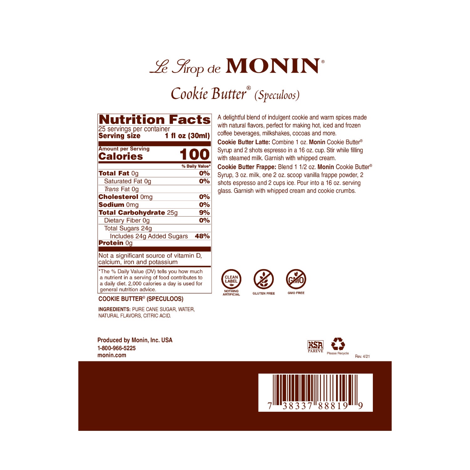 Monin Cookie Butter Syrup nutrition facts and recipe label