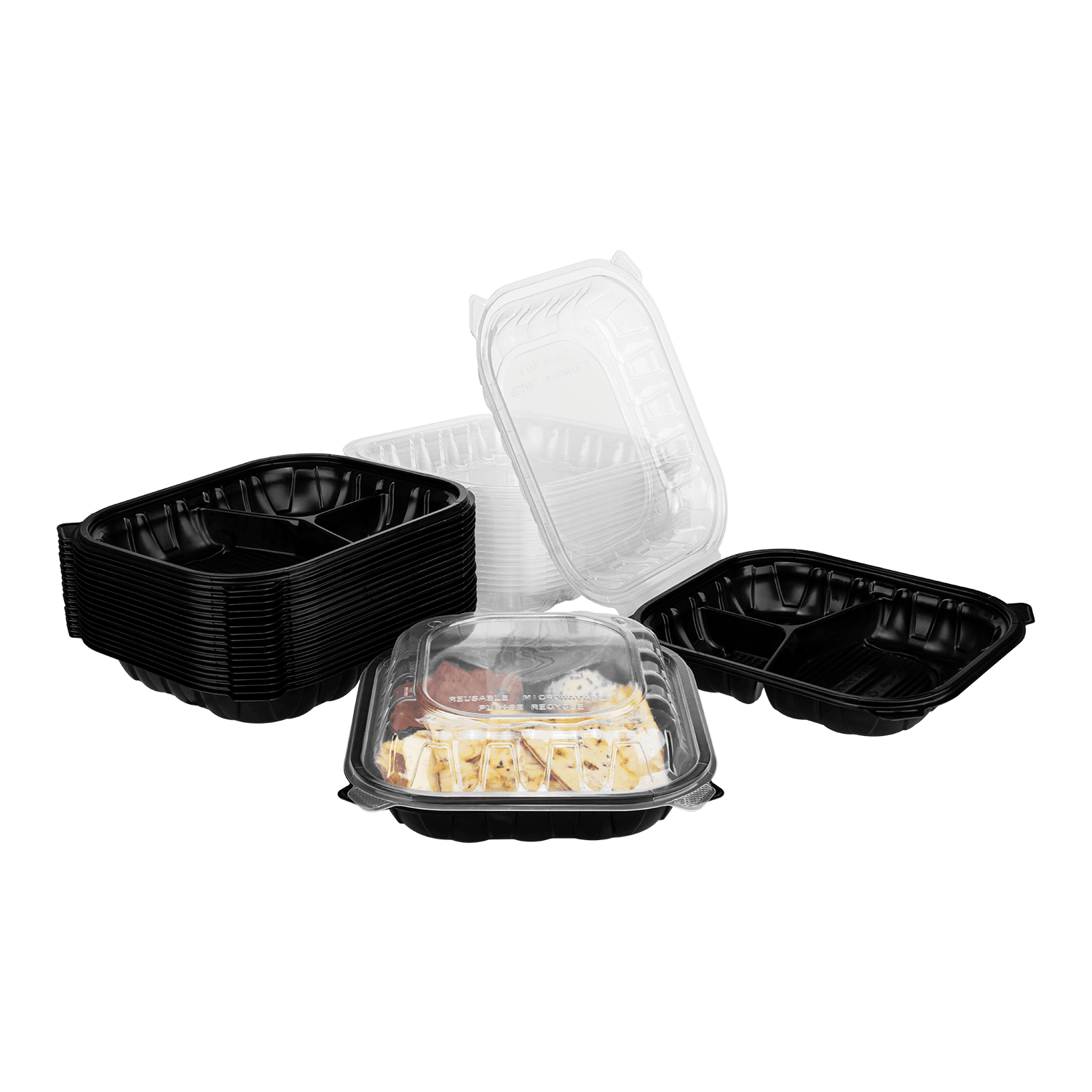 Black and Clear Karat 10.25"x 9" Premium PP Hinged Container with 3 compartments stacked and one filled with food
