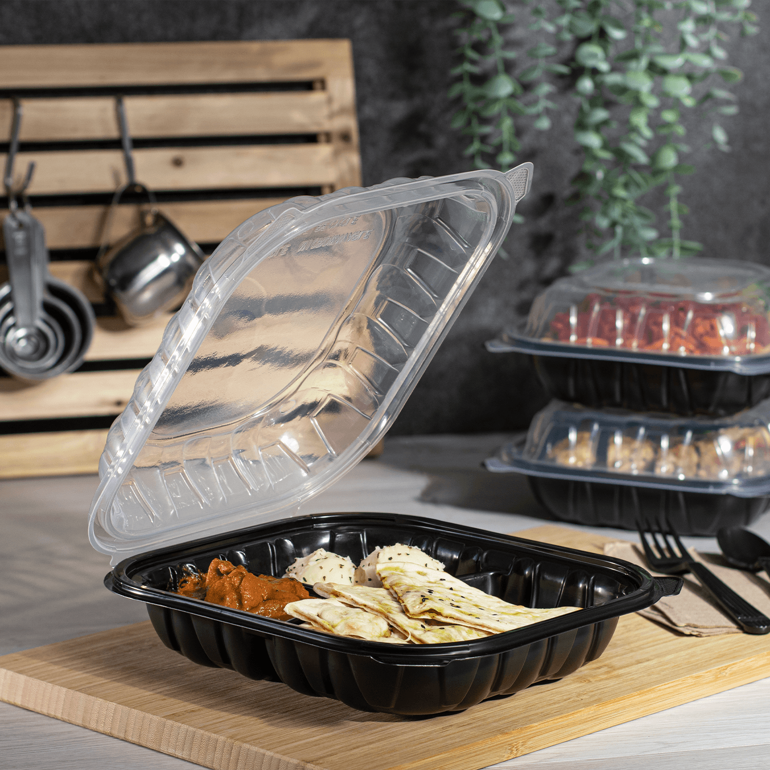 Black and Clear Karat 10.25"x 9" Premium PP Hinged Container with 3 compartments filled with food
