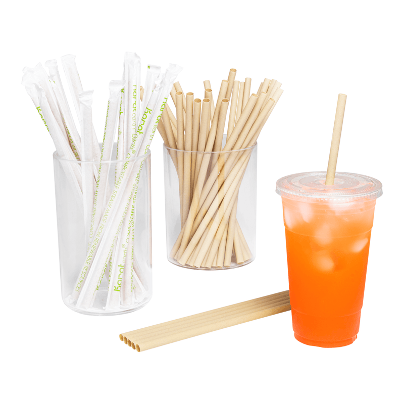 Karat Earth Flat Cut Bamboo Fiber Giant 9” Straws wrapped in paper and unwrapped