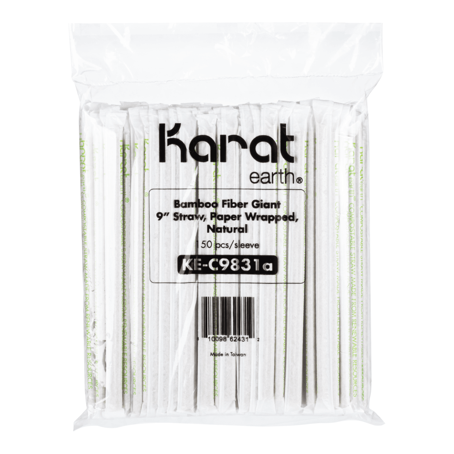 Karat Earth Flat Cut Bamboo Fiber Giant 9” Straws in paackaging