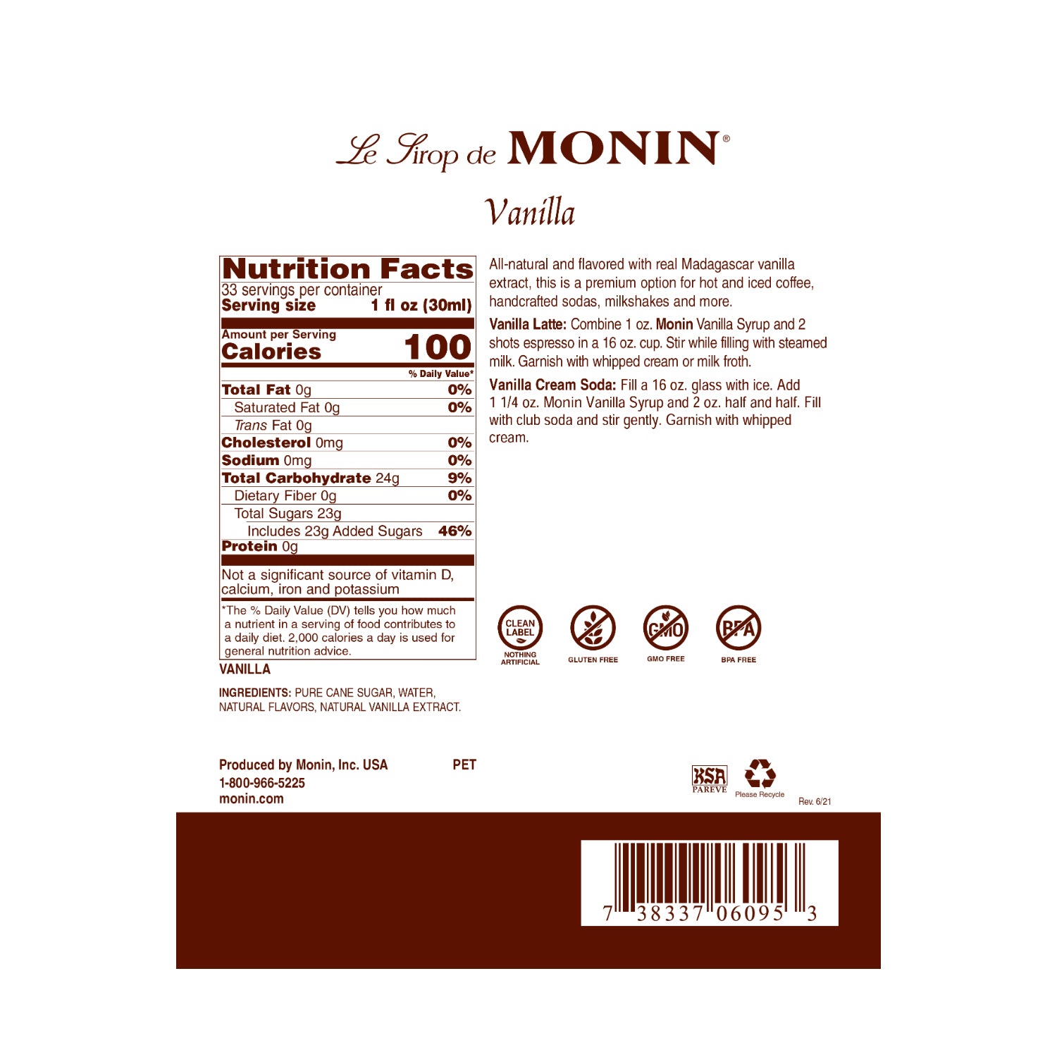Monin Vanilla Syrup nutrition facts and recipe label