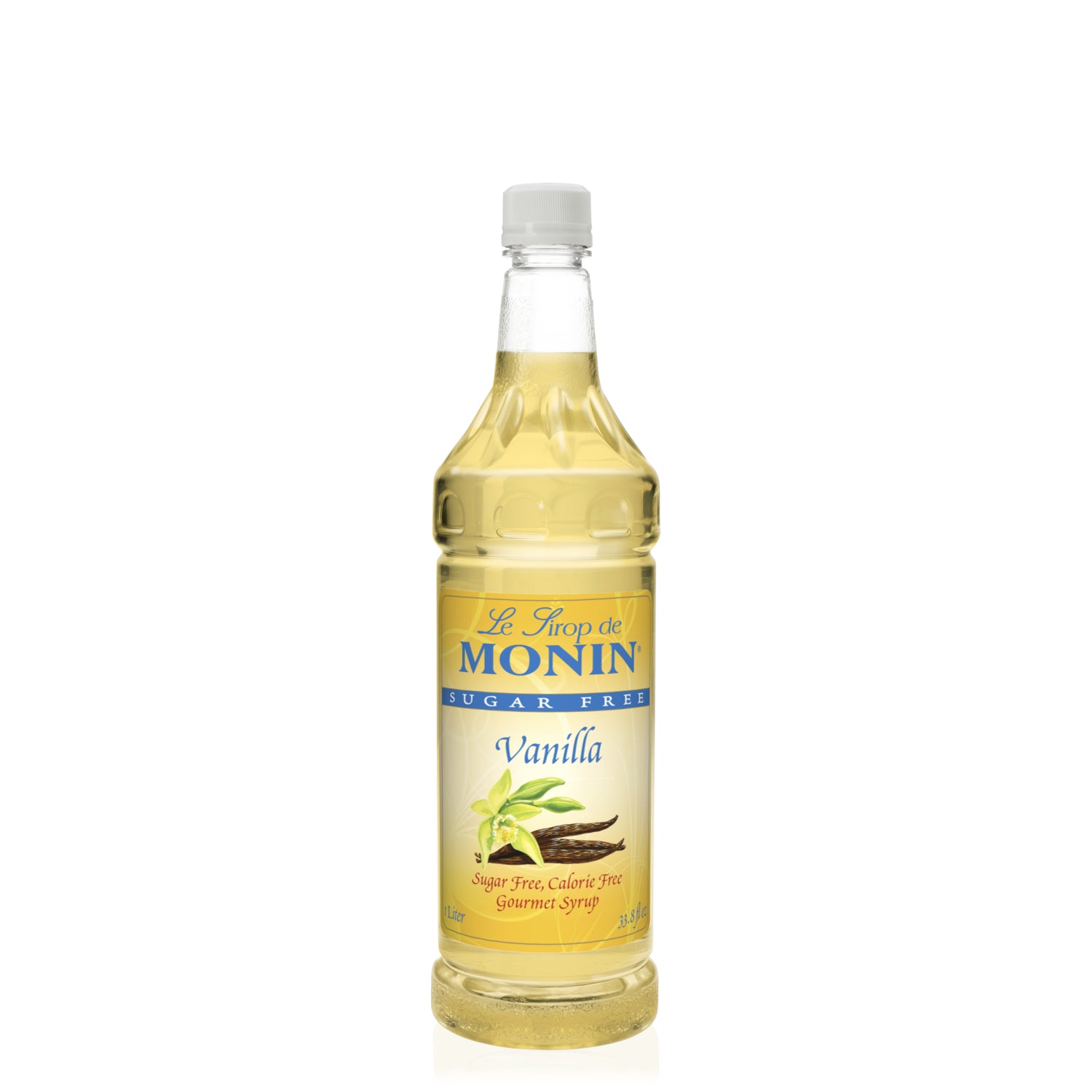 Monin Sugar Free Vanilla Syrup in clear 1L bottle