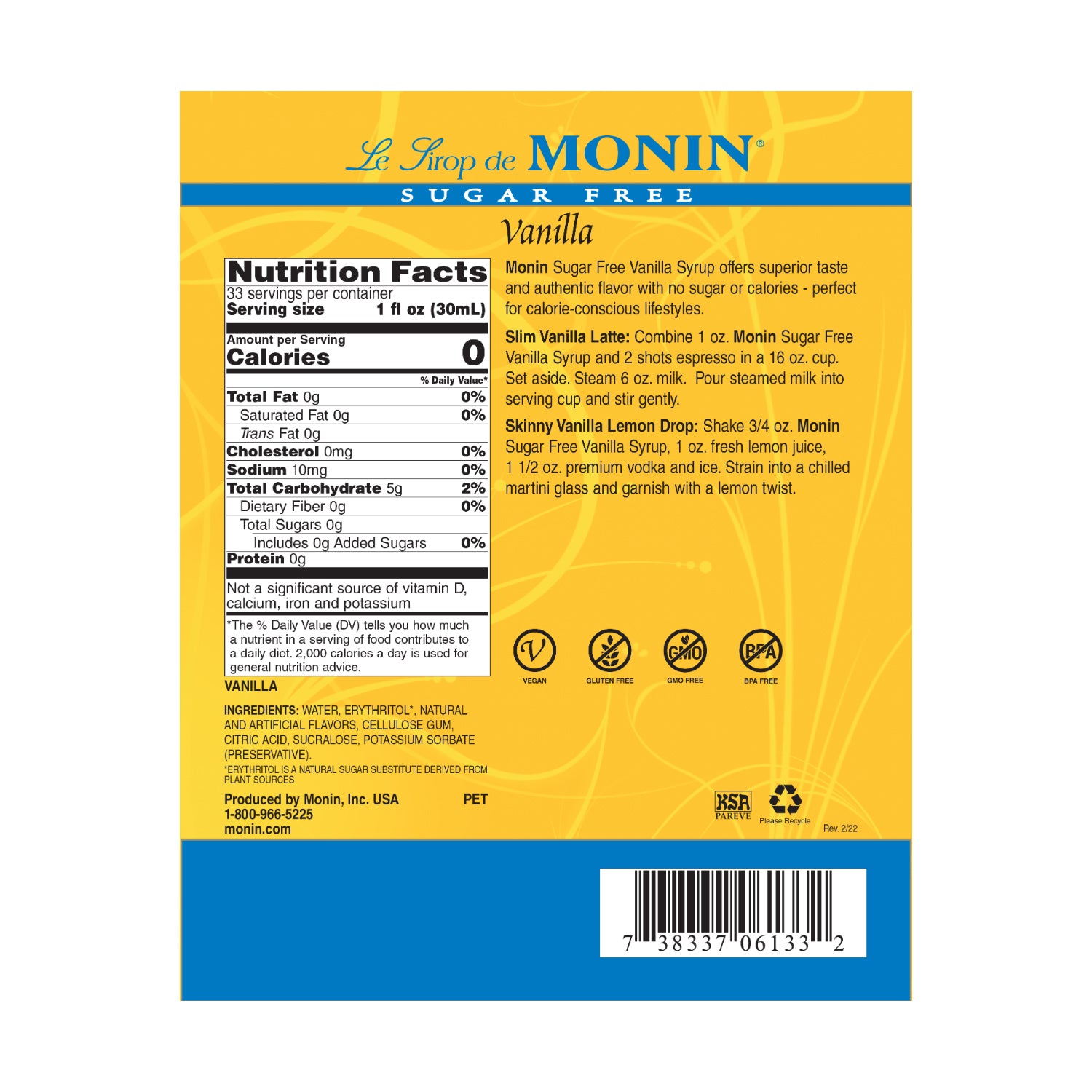 Monin Sugar Free Vanilla Syrup nutrition facts and recipe label