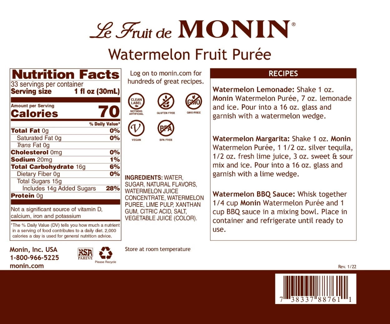 Monin Watermelon Fruit Puree nutrition facts and recipe label