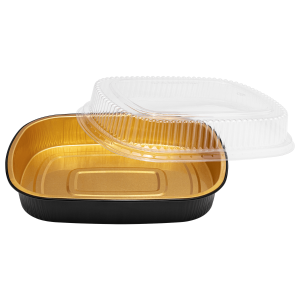 Karat 72 oz Black and Gold Aluminum Pans with Pet Dome Lids 50 Sets