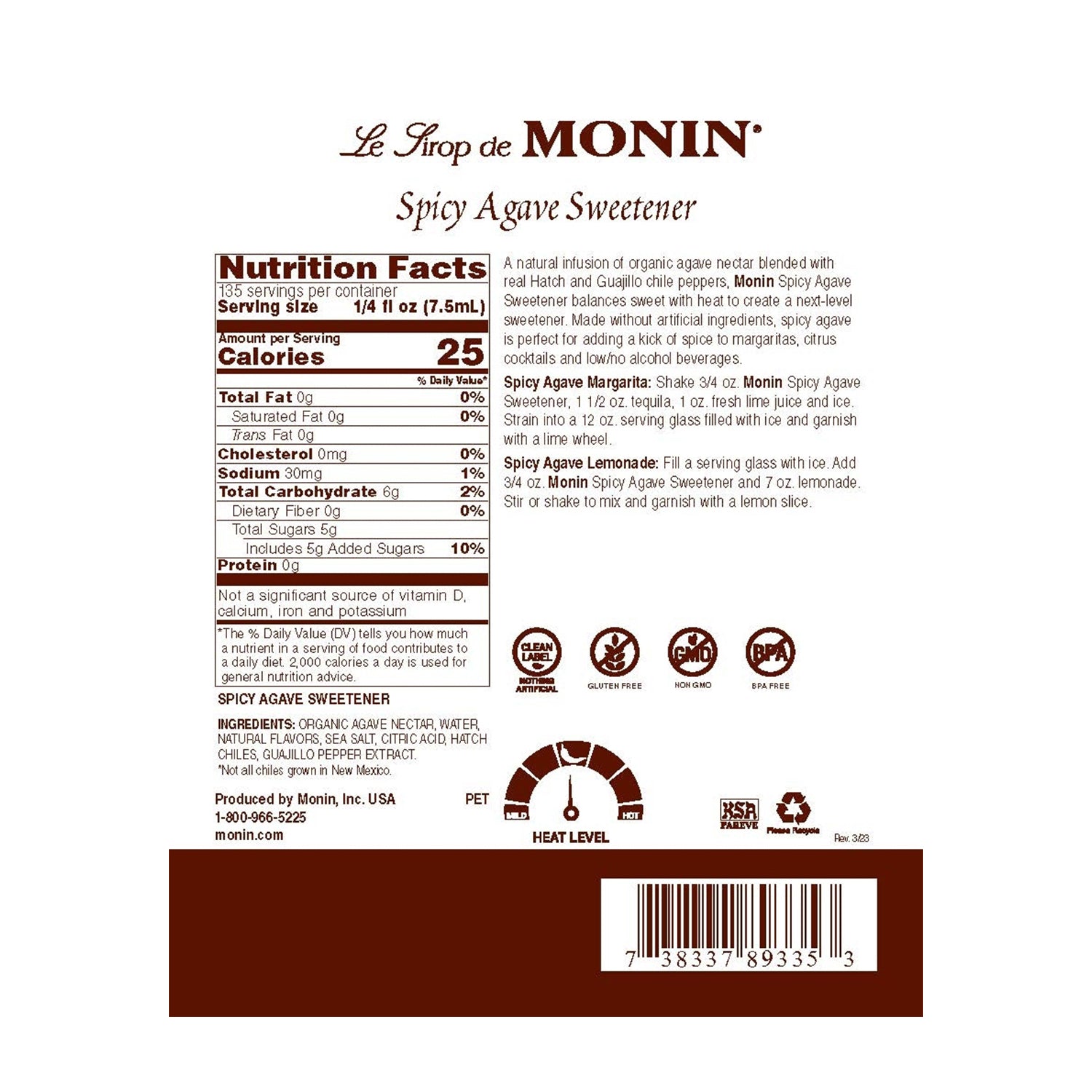 Monin Spicy Agave Sweetener nutrition facts and recipes label