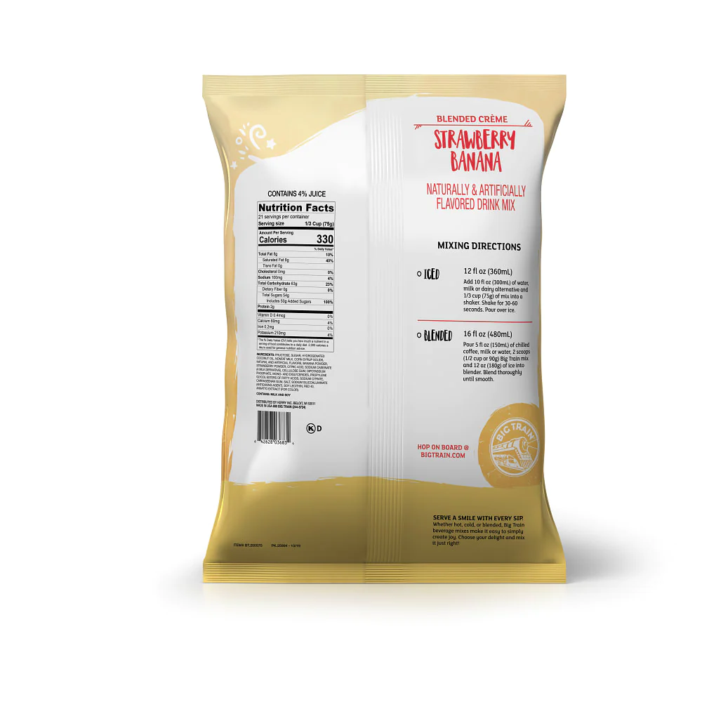 Frozen Strawberry Banana powdered mix in container with nutritional facts and directions