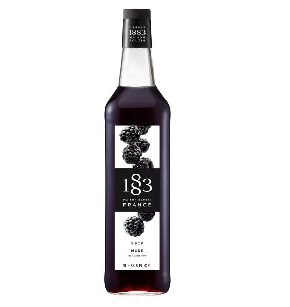 1883 Maison Routin Blackberry syrup in a clear 1 Liter bottle.