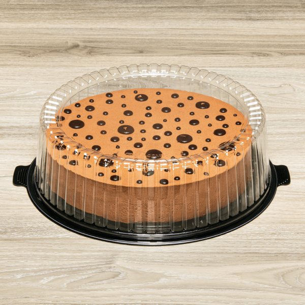 Karat 12'' PET Black Single Layer Cake Display Container with PET Clear Dome Lid with cake in it