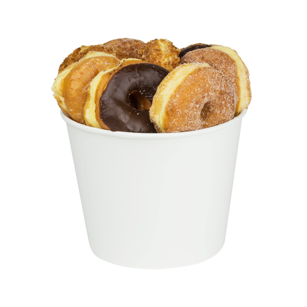 White Karat 130oz Food Buckets with Paper Lids with donuts