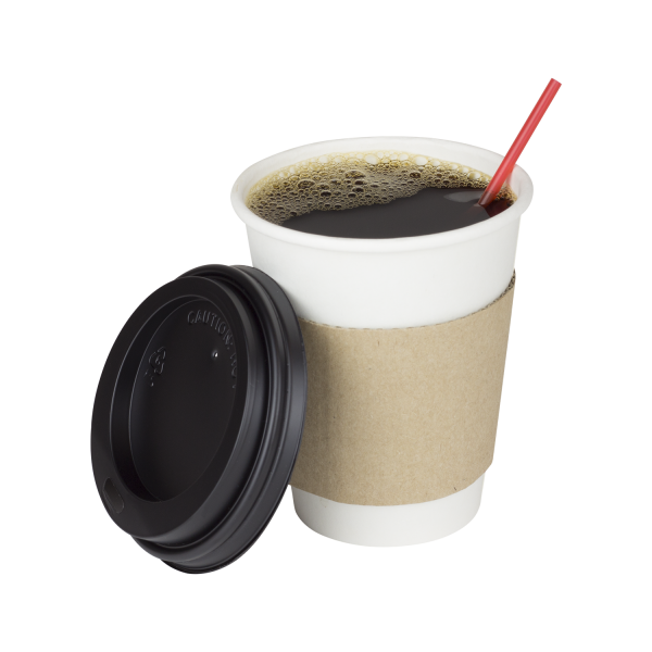 White Karat 8oz Paper Hot Cup with coffee, cup sleeve, red stirrer straw, and dome sipper lid